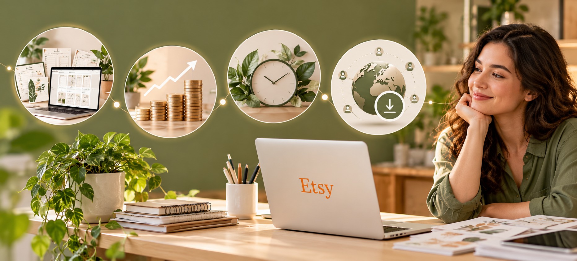 Femme souriante devant son ordinateur portable, entourée d'icônes autour d'une boutique Etsy illustrant l'absence d'expédition, les copies illimitées, les revenus et la croissance