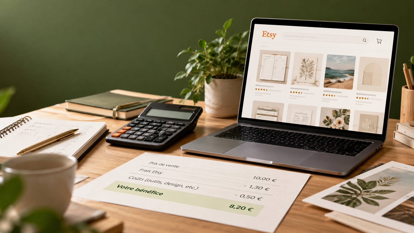 Carnet montrant le détail des frais et du bénéfice, à côté d'une calculatrice et d'un ordinateur portable affichant une annonce Etsy