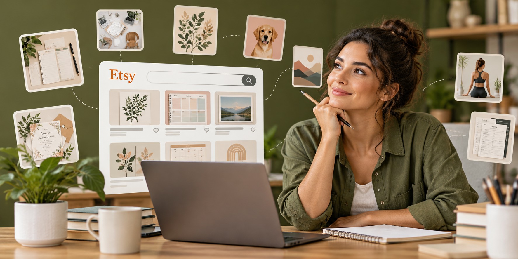 Femme réfléchissant à sa niche sur un tableau blanc, avec des exemples de recherches Etsy comme planner budget, affiches murales et suivi d'habitudes