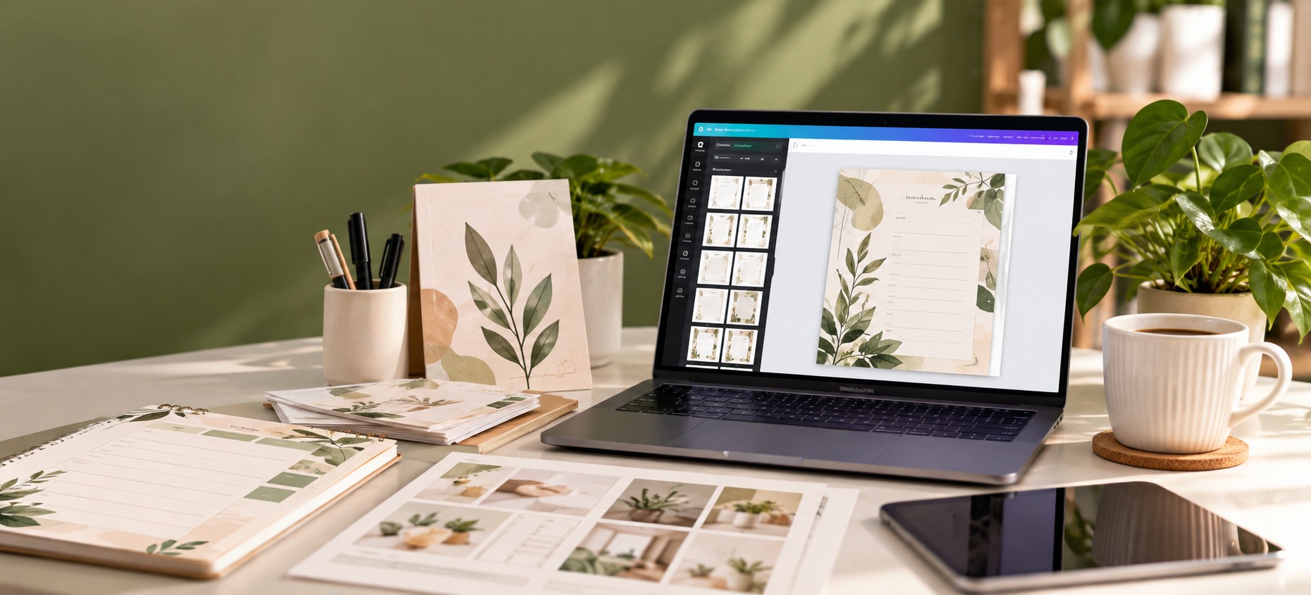 Icônes de Canva, Notion, Procreate et Google Sheets menant à un visuel sur un ordinateur portable, avec des options d'export PDF, PNG et lien