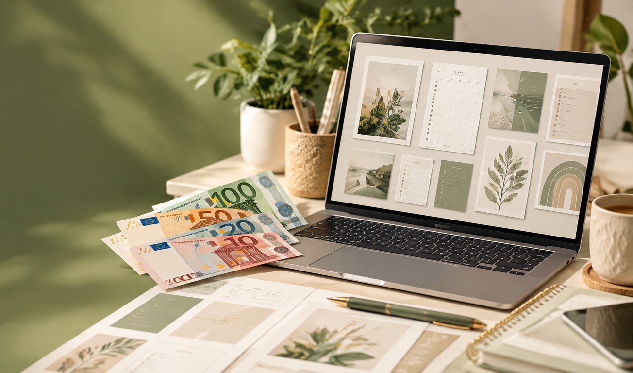 Ordinateur portable affichant une boutique Etsy remplie de planners imprimables et de modèles, à côté d'une tasse de café, d'un carnet, de billets et de pièces