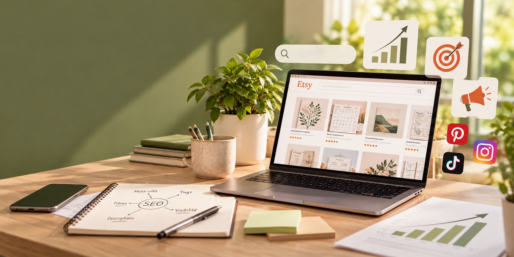 Annonce Etsy sur un ordinateur portable avec des suggestions de mots-clés, une liste de contrôle et des épingles Pinterest générant du trafic