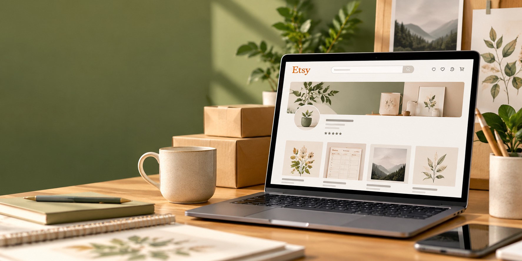 Liste de contrôle de configuration d'une boutique Etsy sur un ordinateur portable, avec un carnet listant des étapes comme choisir un nom de boutique, configurer les paiements et ajouter les politiques de la boutique
