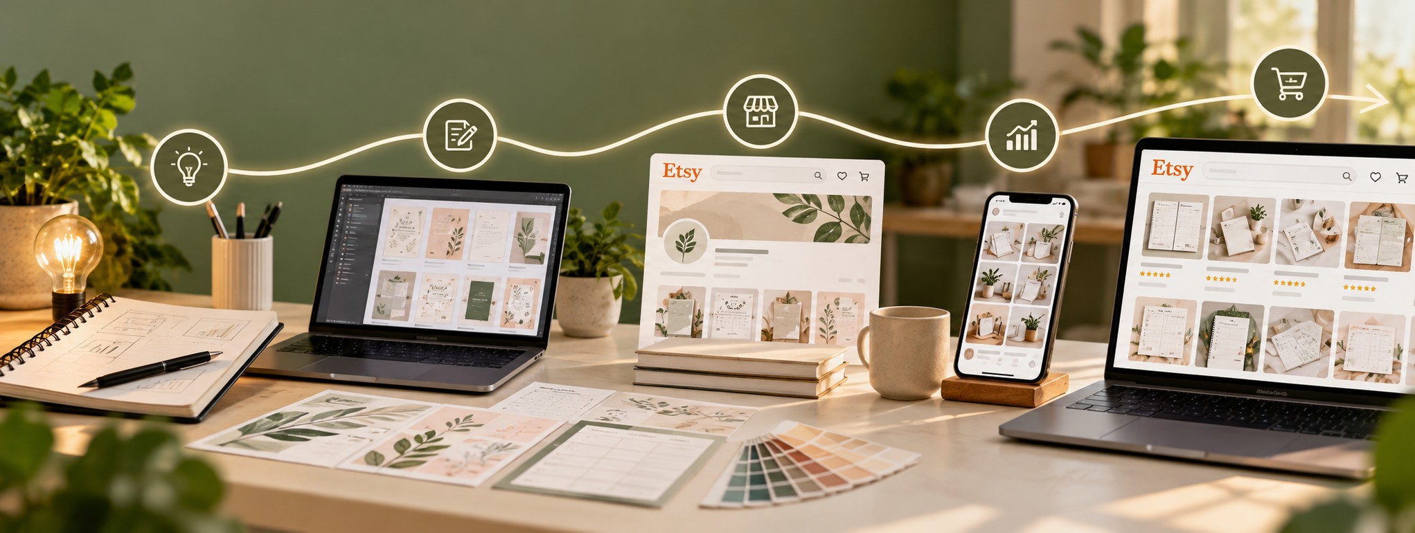 Gagner de l'argent sur Etsy avec des produits numériques : un ordinateur portable affichant une boutique Etsy de planners et de fichiers imprimables sur un bureau bien rangé